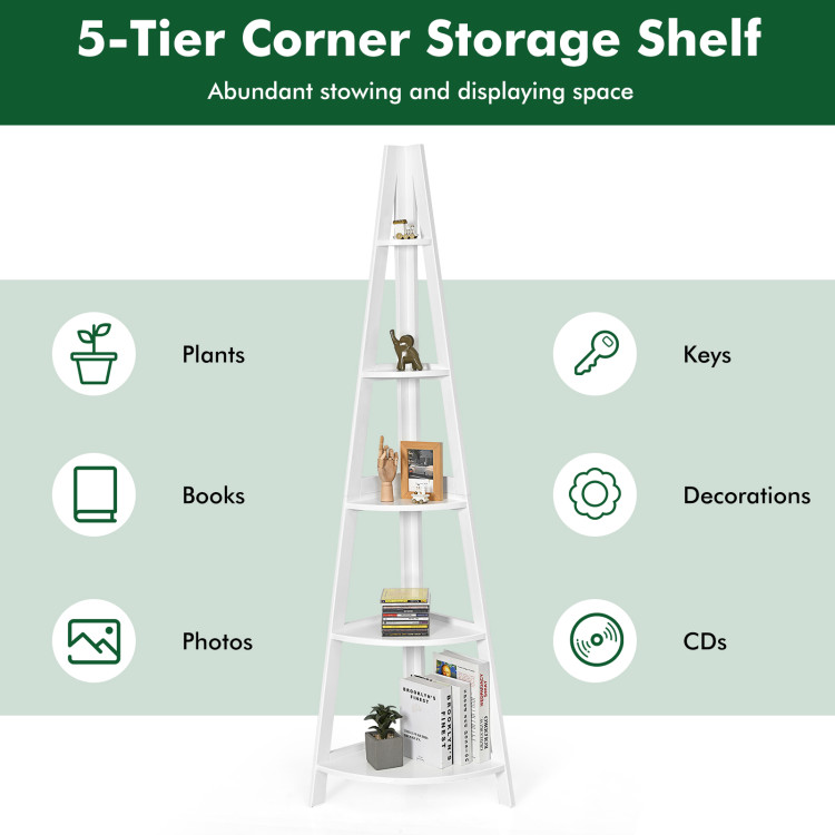 5-Tier Modern Corner Bookcase Shelf with Strong Wooden Frame-WhiteCostway Gallery View 3 of 11